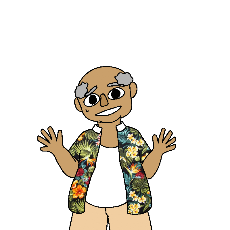 A character stands there. They have tan skin, black eyes, and fluffy gray hair on both sides of their head. They appear to be an old man. They're wearing a Hawaiian print shirt over a white T-shirt, and khaki shorts.
