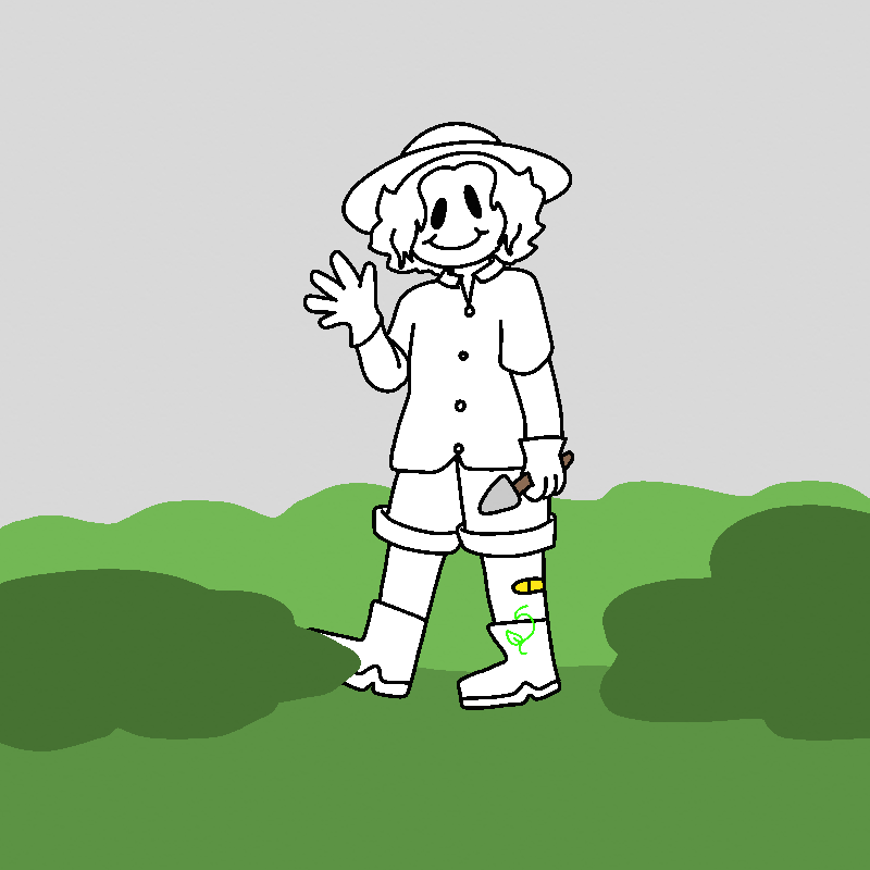 Gardener-B walks through a garden, smiling and waving at the camera. In his other hand, he holds a spade.