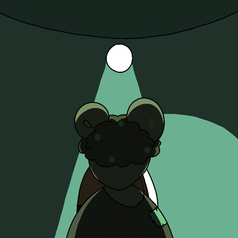 A green mouse stands in the shadows. It's Julio's villager, Bud.