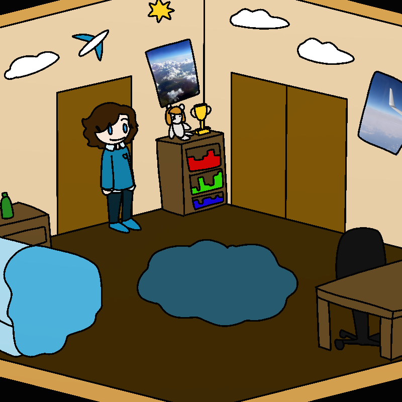 Roy stands in his bedroom with a smile. There's a bed to his right, and a bookcase to his left. A desk is directly ahead of him, and a blue carpet sits on the hardwood floor. There are cloud-shaped wall stickers on the walls.