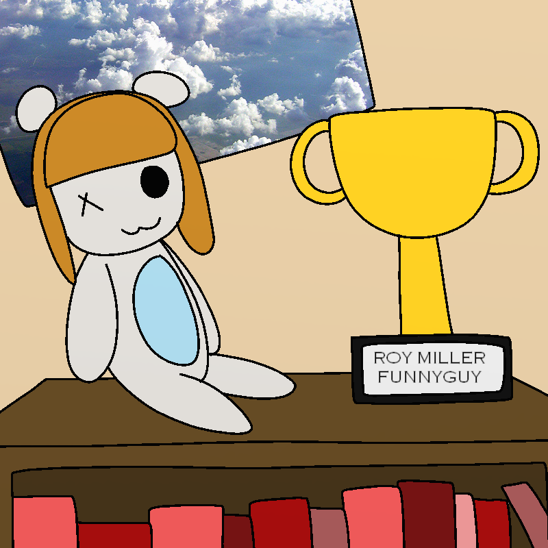 The top of a bookshelf. There's a beat up teddy bear wearing a pilot's cap to the left, and a plastic trophy with a label reading 'ROY MILLER, FUNNYGUY' on the right.