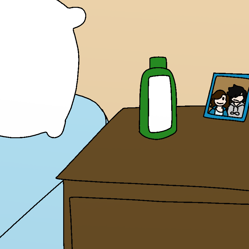 The top of a nightstand. A green bottle sits on the left, while a framed photo of two people - clearly a younger Roy and somebody else - sits on the right.