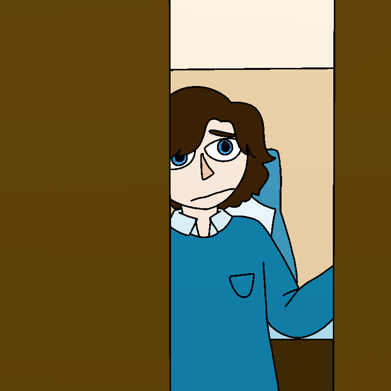 Roy peeks into his closet with a nervous frown.