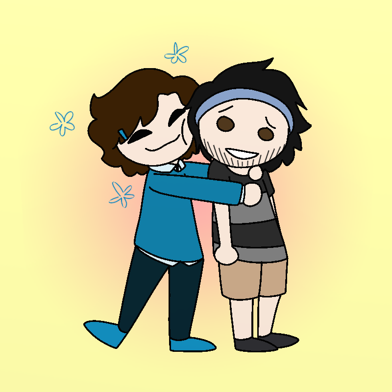 Roy hugs Reed. Reed is a person with short black hair, held back by a headband, pale skin, brown eyes, and scruff. Ey are wearing a striped black shirt and khaki shorts.