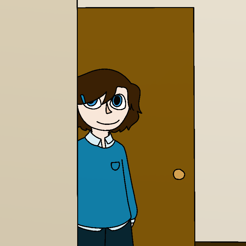 Roy stands at the doorway to his room, smiling.