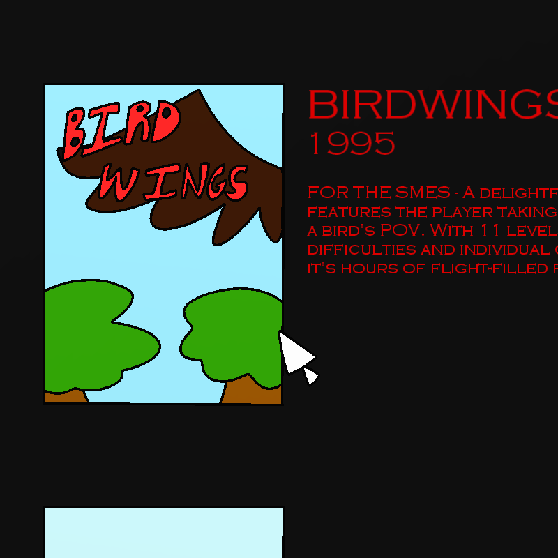 A website showing the title and description of a video game titled Birdwings.