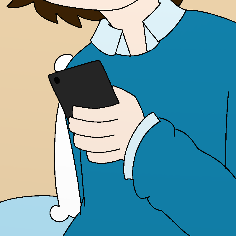 A person wearing a blue sweater over a button-up shirt brings the phone up to look at it.