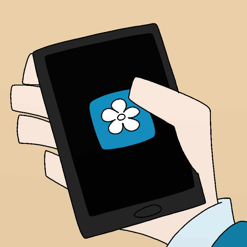 A phone with a blue app symbol on the screen. There's a white flower in the center.