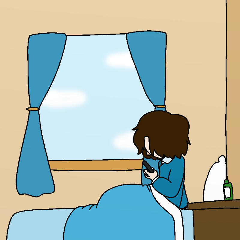 The person sits up in bed. He's still looking at the phone.