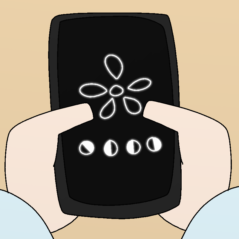 A glowing outline of a flower displays on the screen, as well as some circle symbols in a different language.