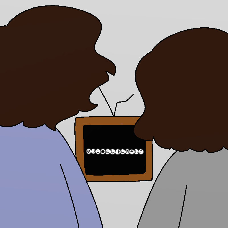 Two people, both with dark brown wavy hair, are watching the TV. It now displays a black screen with glowing white circle symbols on it.