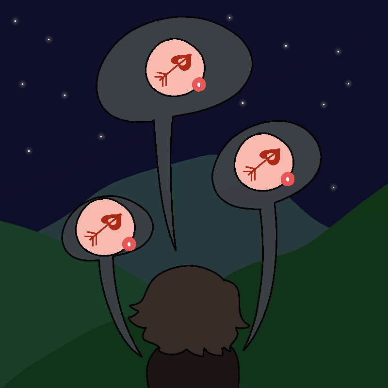 The person walking at night now has multiple dark gray chat bubbles open on its phone. A red arrow with a heart-shaped tip is contained in the bubbles.