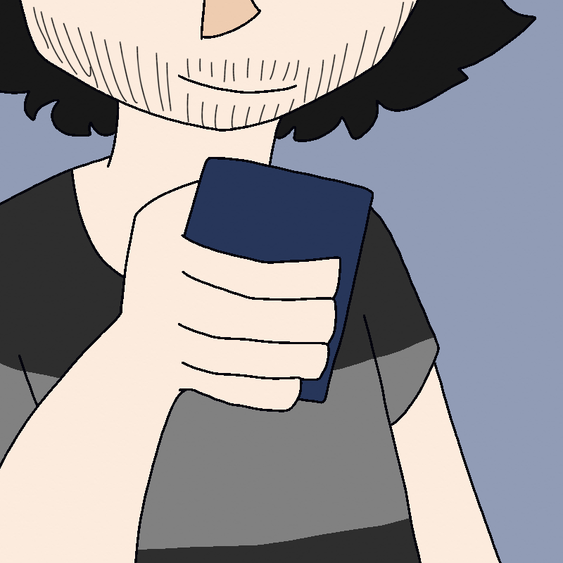 A person with pale skin, short black hair, and scruff holds a phone up with a small smile. The upper half of eir face is cut off by the top edge of the panel.