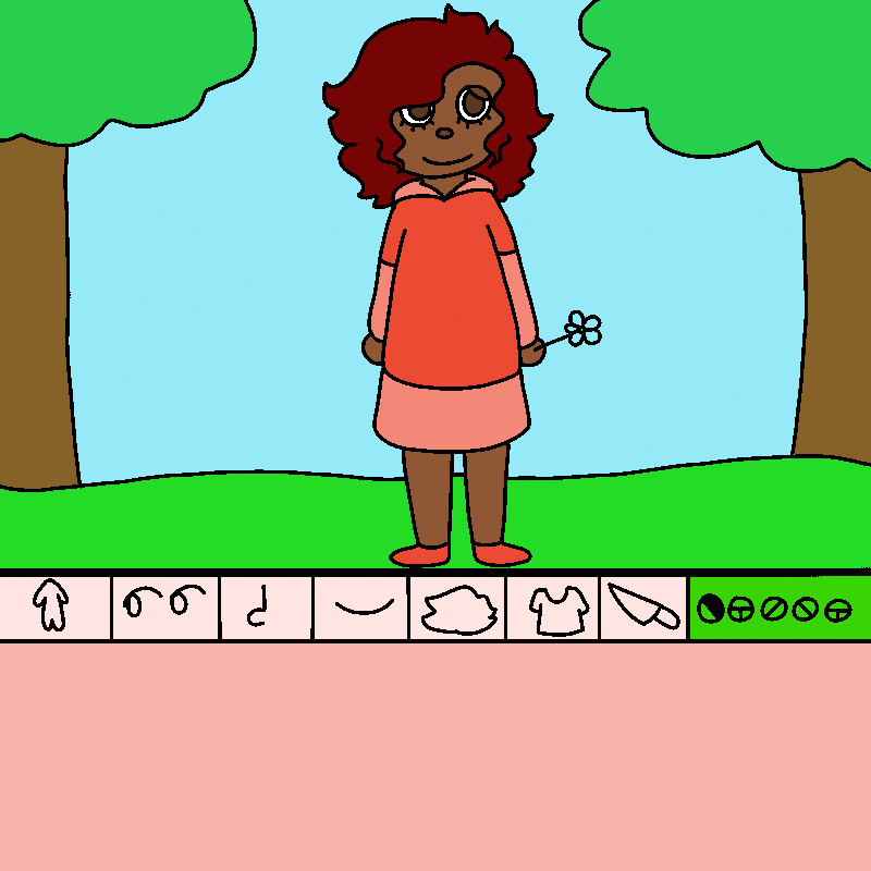 A character creation screen. It's in the style of Animal Crossing. The character looks like Amada.