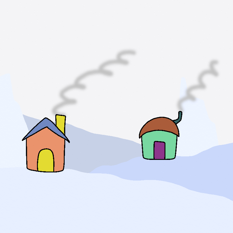 A bright environment. The sky is a faded gray, and there are piles of snow everywhere, in varying hues of light blue. A couple of brightly colored houses sit among the piles of snow - they stick out from the bland, pale colors severely.