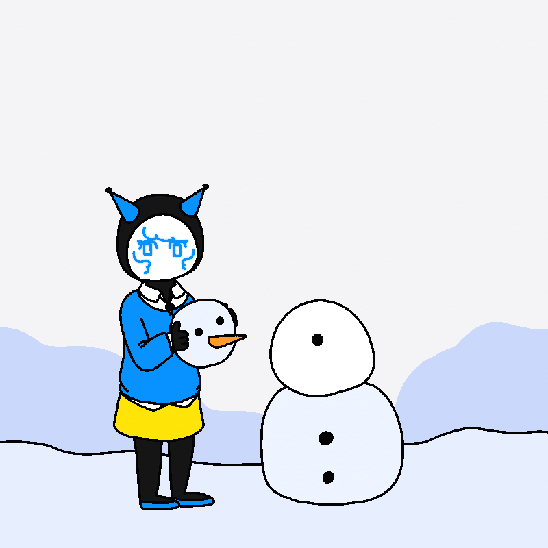 A humanoid is building a snowman. The stranger has a black helmet on, with blue horns coming out on each side. They're wearing a blue sweater and yellow skirt, and their face is white, with a face outlined in glowing blue.