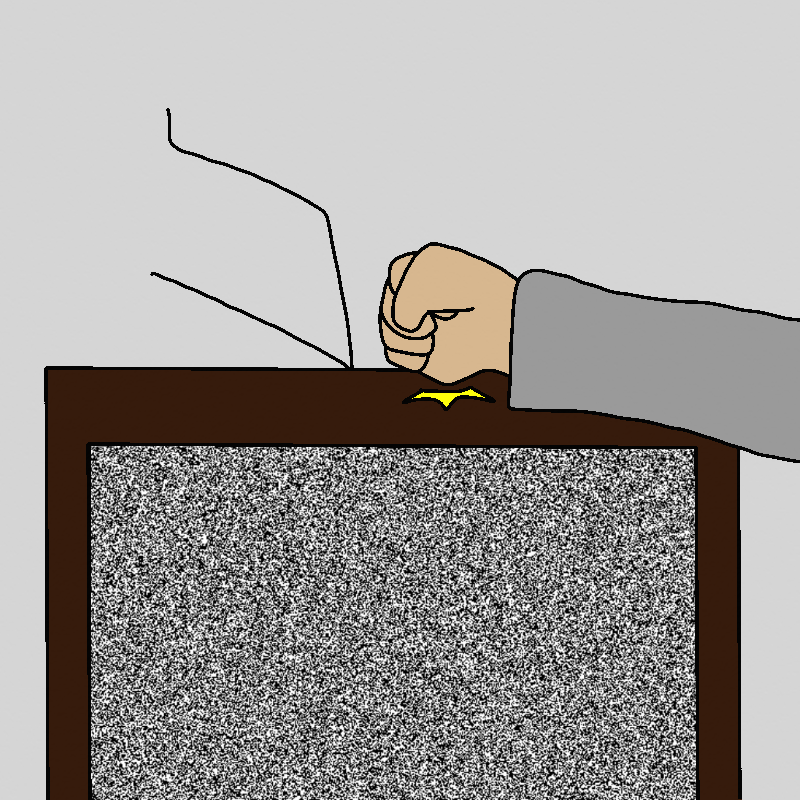 A fist bangs on the top of the TV, which continues displaying static.