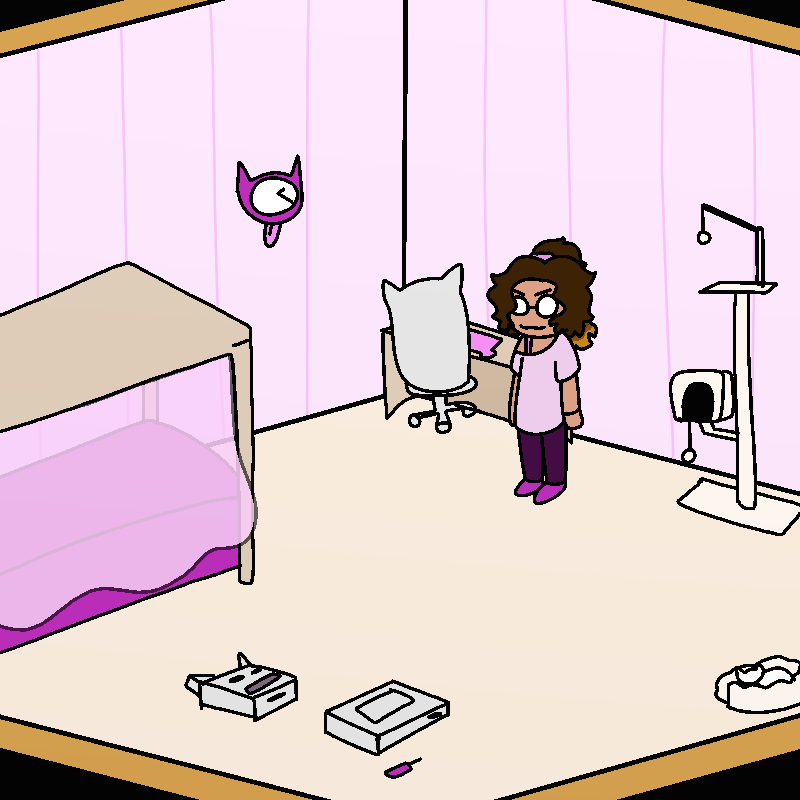 Cherry stands in mew's bedroom. There's a desk behind mew with a large white chair, a cat tree to mew's left, a small white cat in a cat bed further to the left, a hot pink cat-shaped clock on the wall to mew's right, a large fancy-looking bed further to the right, and an abandoned half-built robot on the floor across from mew.