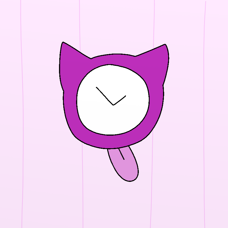 A close up of a hot pink cat-shaped clock on a wall. Its tongue is sticking out, swinging side to side.