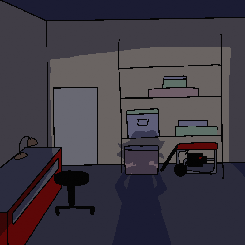 The light from the moon outside illuminates the garage somewhat. There are some large metal shelves in the back of the garage, covered in various items. To the left is a toolbox workstation with a desk lamp sitting on it.
