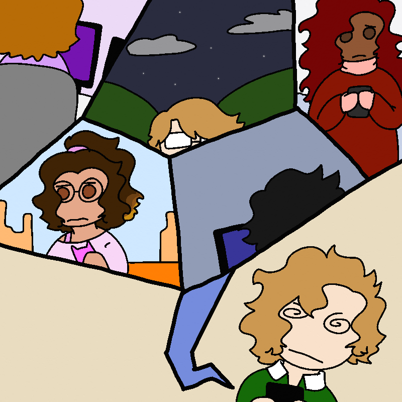 Sofia looks overwhelmed. Within the chat bubble, it's divided among five different people. Amada is in the top right, and looks anxious as she types on her phone. Next to her is somebody with pale brown hair and glasses, with the lower half of its face cut off by the bubble edge. Below it is a person with messy black hair sitting on a computer, his back to the camera. Next to him is Cherry, also looking nervous on mew's phone. Above Cherry is somebody with short light brown hair and a purple shirt, typing on a computer.