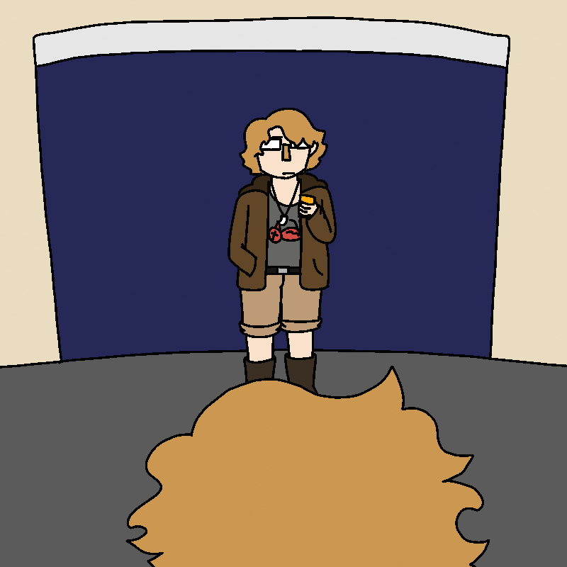 A person stands at the open garage door. It has light brown hair like Sofia, glasses, and pale skin. It is wearing a brown jacket, a gray shirt with a cartoonish dead bird on it, and khakis.