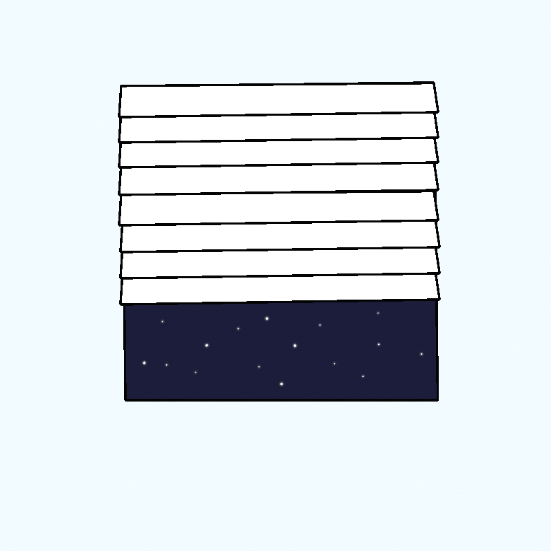 A window with blinds half-covering it. A night sky can be seen outside.