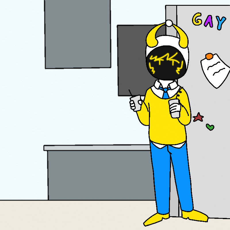 A robotic looking character - Albus - stands in Sofia's kitchen. They have a white helmet with circular yellow horns coming out of it, and a black screen for a face, with the yellow glowing outline of hair and eyes. They're wearing a white button-up under a yellow sweater, blue slacks, yellow shoes, and a blue tie around their neck. They're holding two cups with straws coming out of them.