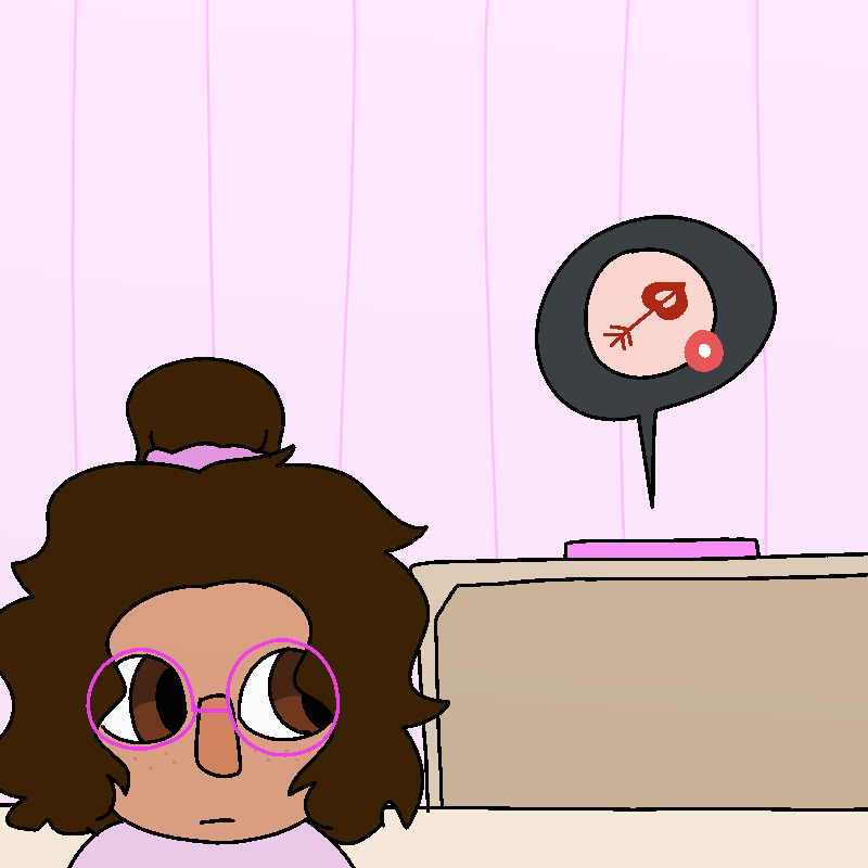 Cherry looks towards mews laptop, which has a new chat notification. There's a red arrow with a heart-shaped tip inside the bubble.