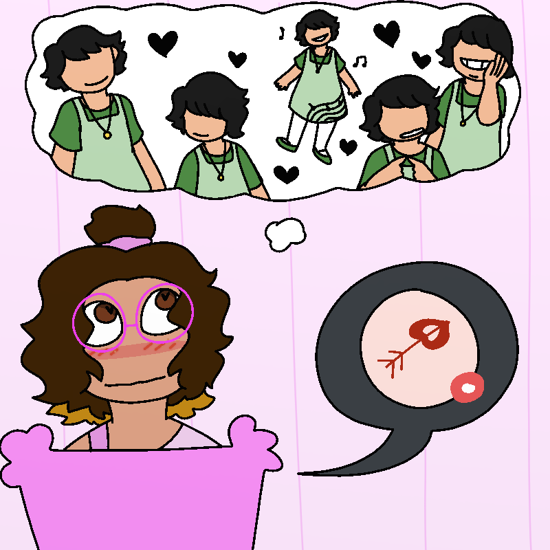 Cherry is blushing and has a nervous smile while mew looks at a thought bubble above mew. Inside the bubble are various drawings of a person with short black hair and lightly tanned skin, wearing a green dress.