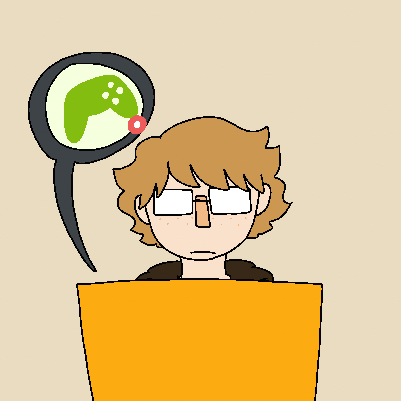 Diego sits in front of an orange laptop, chatting. It has light brown hair, glasses, pale skin, and freckles. It's wearing a brown jacket with a hood.