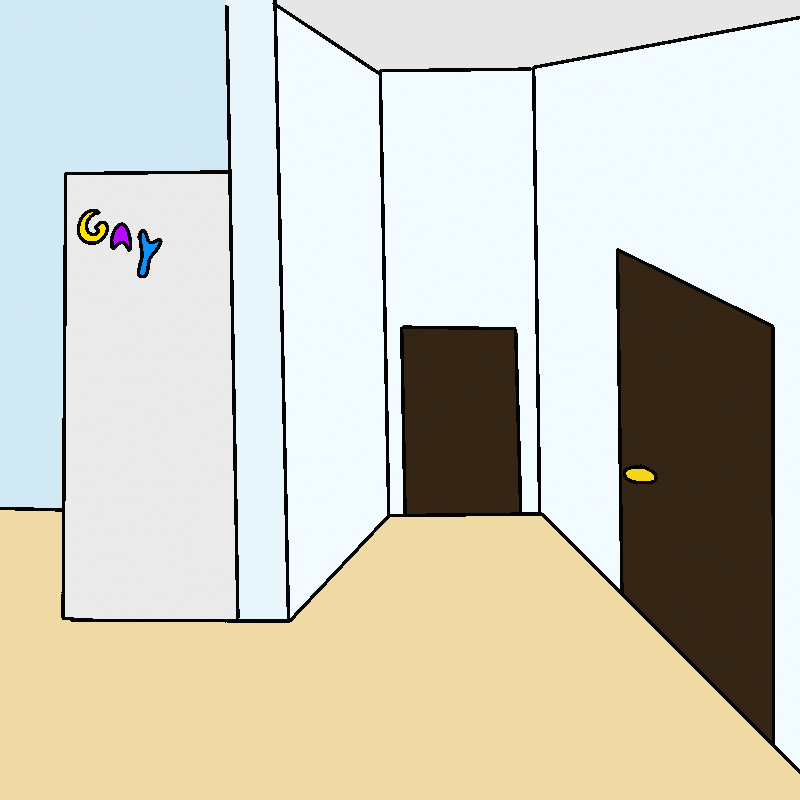 There's a hallway with light blue walls and tan colored tile flooring. There's a door ahead of the camera, one off to the right, and what looks like a kitchen to the left.