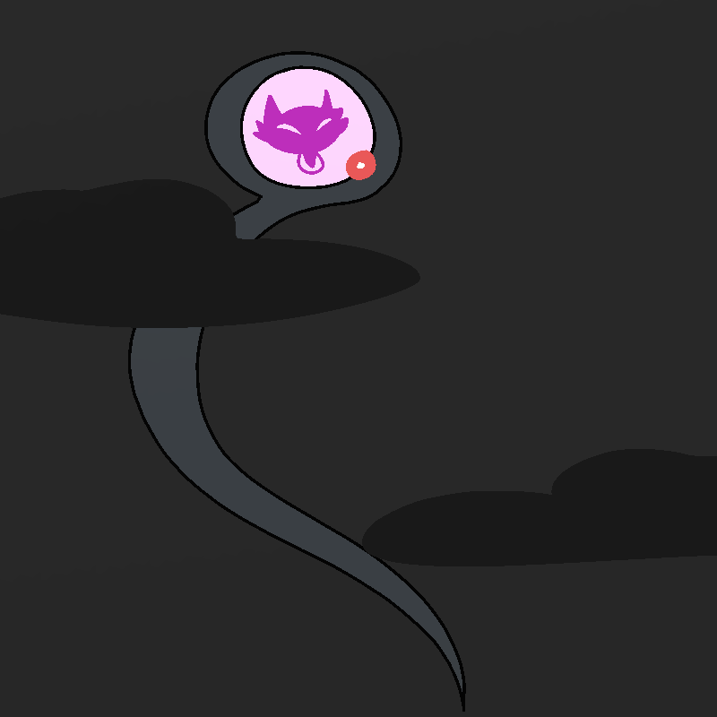 A dark gray chat bubble with Cherry's symbol, a hot pink cat, appears among some blackened clouds.