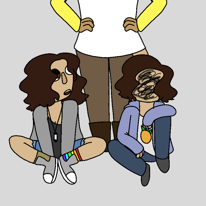 Jenna stands behind Mia and Pedro with her hands on her hips. She has brown skin and is wearing a white shirt with yellow sleeves, khakis, and brown boots. Her head is cut off by the top of the panel. Mia turns to look up at her, as does Pedro, who has scribbles where his face should be.