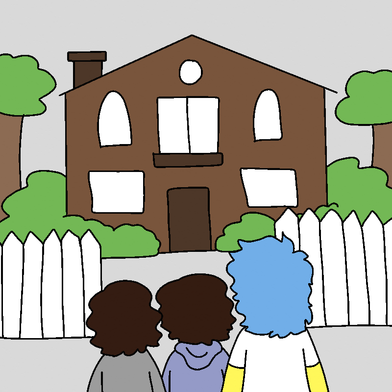 A large brown house sits among green bushes and trees. Pedro, Jenna, and Mia stand before it.