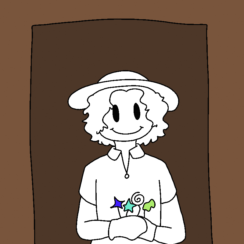 A person stands in front of the house. He has short, curly hair, beady black eyes, and a comical smile. He's wearing a button up, gloves, and a large straw hat. He's entirely transparent.