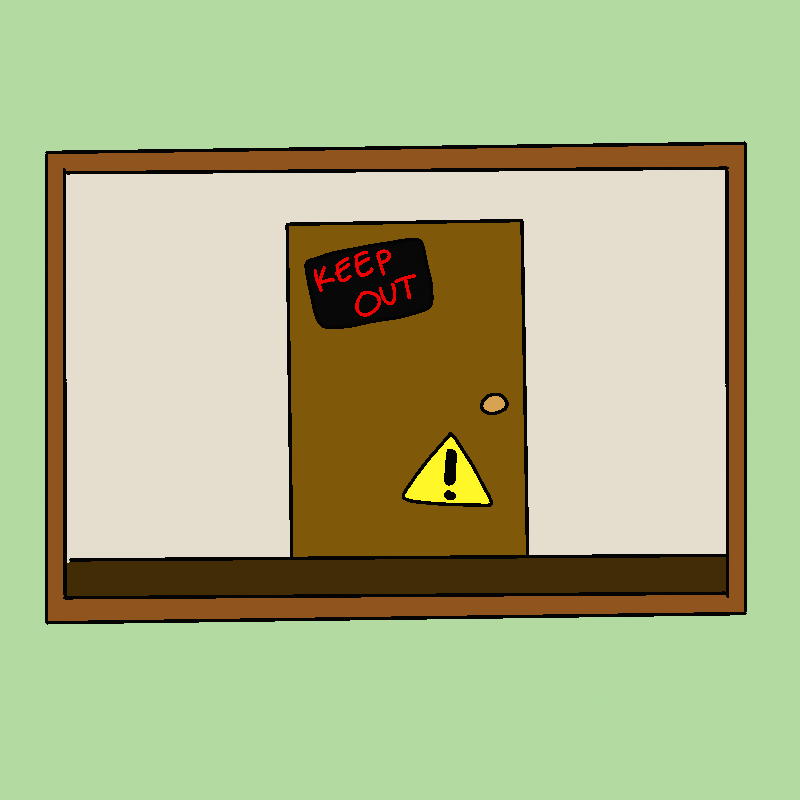 The TV displays a bedroom door with signs on it. In the upper left is a black sign with red text reading 'KEEP OUT', and in the lower right is a caution sign. The door is dark brown and the walls are a pale cream.