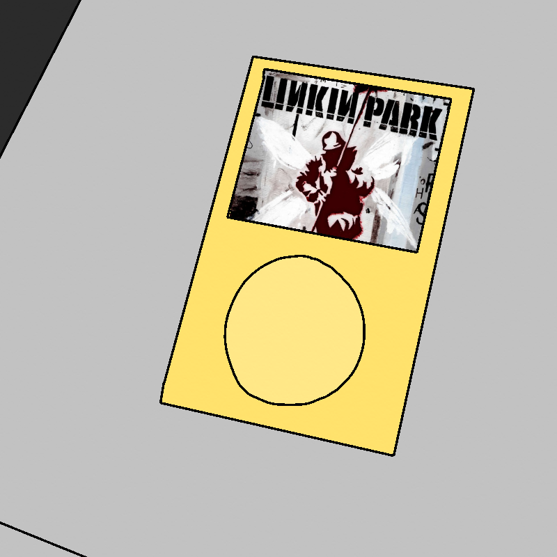 A yellow MP3 sits on a silver nightstand. It's playing Linkin Park's Hybrid Theory album.