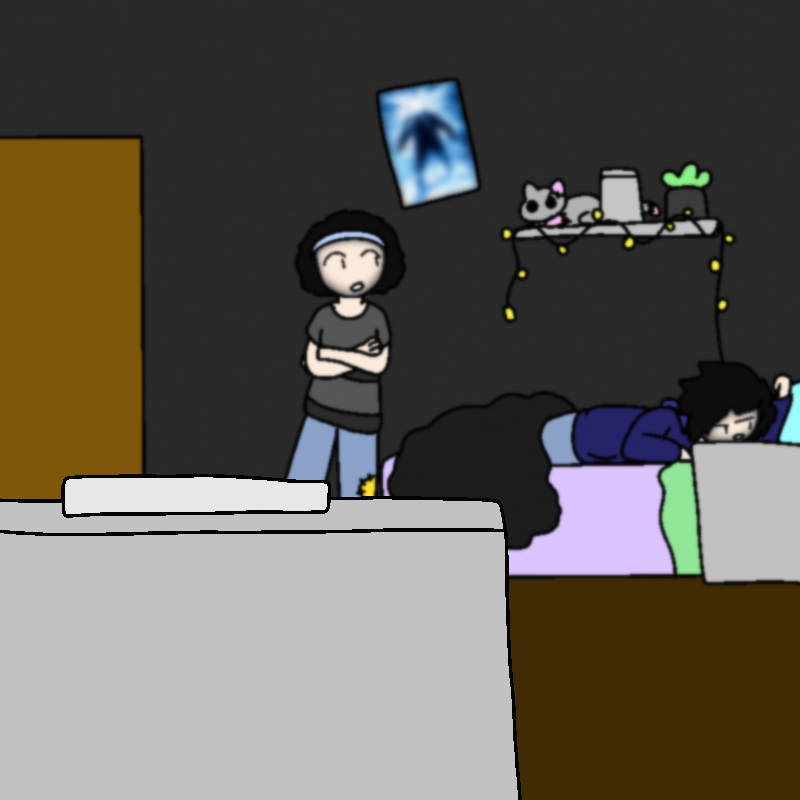 A gray desk with a phone sitting on it is in the foreground. Blurry, in the background, Rhett lays on his side with an arm over his head. Reed, a person with curly black hair held out of eir face by a blue headband, brown eyes, pale skin, and a scruffy beard, leans on the wall with eir arms crossed. Ey are wearing a striped gray shirt and jeans with a yellow patch in them.