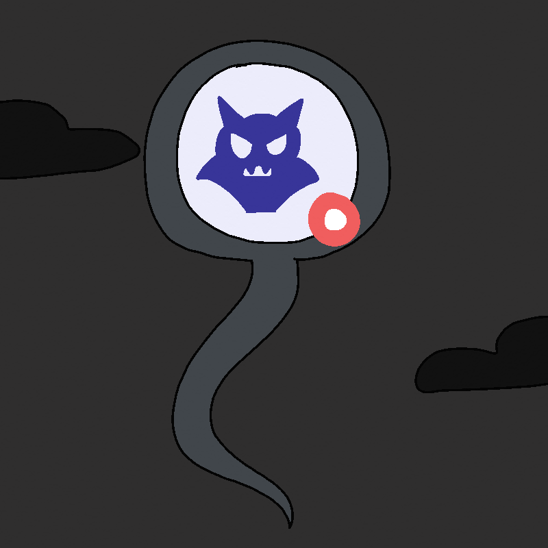 A chat bubble with Rhett's dark blue demon icon floats in a dark sky.
