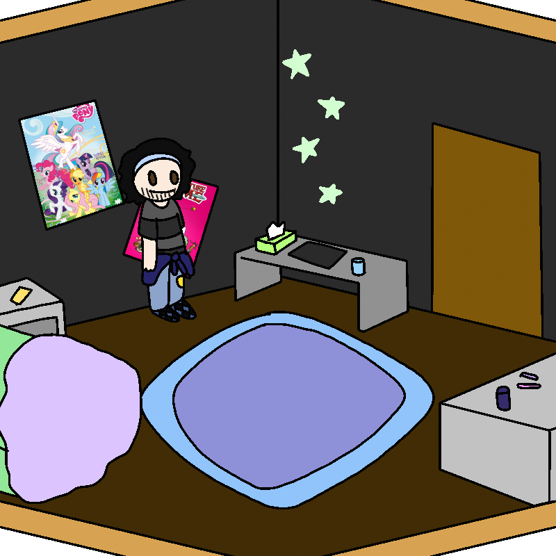 Reed stands in the bedroom. The walls are a dark gray/black and the floor is a dark brown wood. There's a set of lighter brown closet doors to eir left. Next to the closet is a gray desk with a laptop on it. Across the room from em is a dresser with some hygiene products on it. To eir right is a bed with pastel sheets on it. There's a light blue carpet on the floor. There's posters for My Little Pony and Adventure Time on the wall.