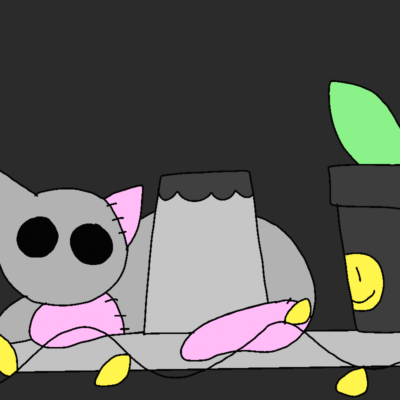 A gray cat plushie with pink patches and big black eyes sits on the left end of the shelf. Next to that is a strange gray and dark gray diffuser. On the right side is a gray pot with a green plant in it. The pot has a yellow smiley face sticker on it.