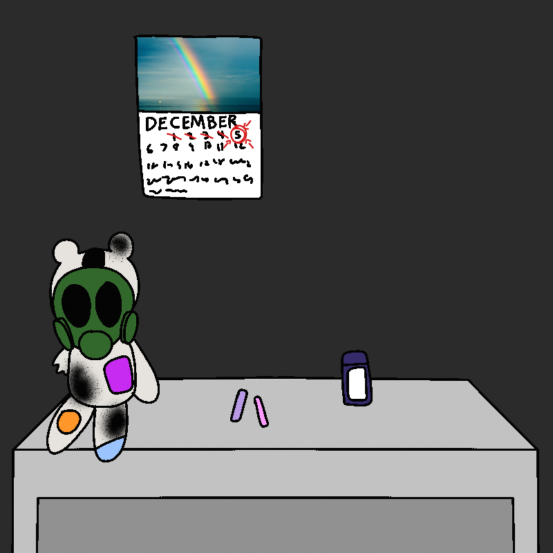 A gray dresser. Atop it on the left side is a white teddy bear wearing a green gas mask. It has burn marks and is missing a limb, but there's also colorful patches on it in a few places. On the dresser is also some tubes of lip gloss and a purple tube of deodorant. Above the dresser on the wall is a calendar, with December 5 circled in red.