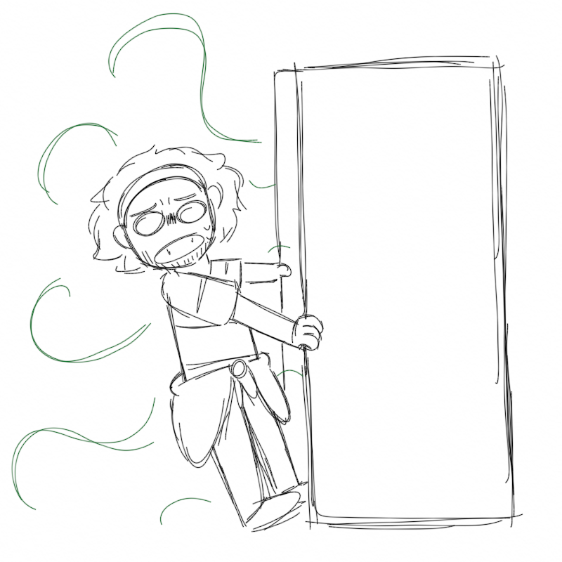 A comically sketchy drawing of Reed leaning away from the open closet doors while a green stench emerges from it.