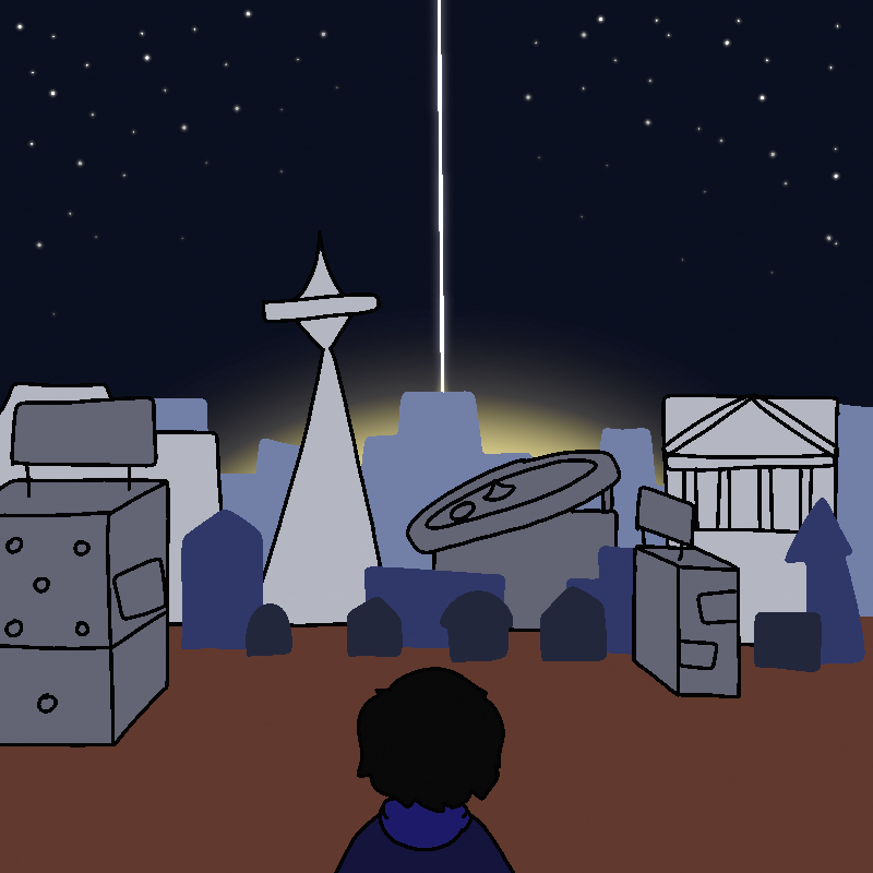 A cityscape can be seen in the distance from Rhett. The buildings look like casinos. The sky is dark, with stars spattering across it. In the far off distance, The Light - a beam of glowing white - can be seen.