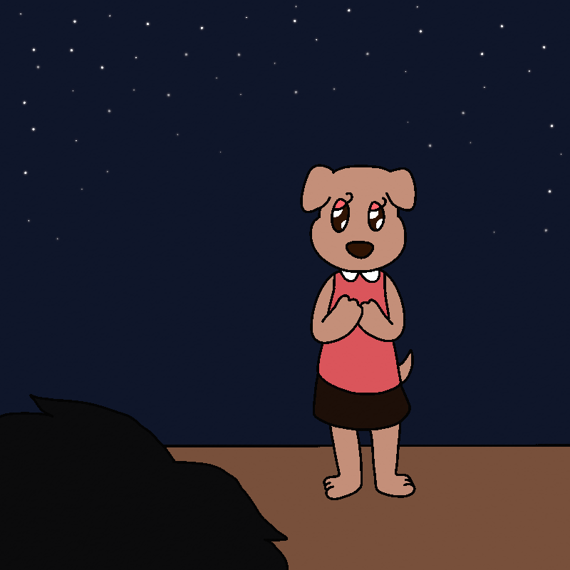 A villager stands there. She's a brown puppy dog, with shiny brown eyes and eyelashes. She's wearing a pink collared shirt and a dark brown skirt.