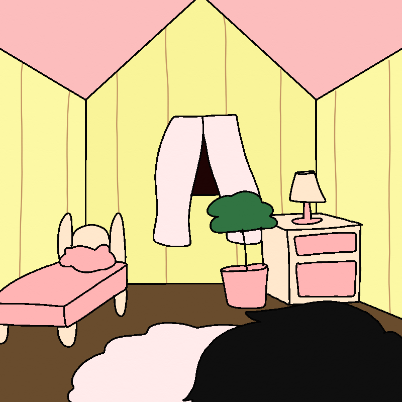 The inside of Lacey's house. The walls are a pale yellow with brown stripes, and the floor is a dark brown. The furniture inside is all pale yellows, browns, and pinks.
