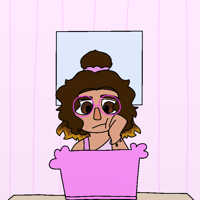 Cherry sits in front of a pink laptop with mew's head resting against mew's hand. Mew has long, curly, dark brown hair worn in a ponytail, which fades into a blonde color at the tip. Mew has brown eyes, pink glasses, light brown skin, and freckles. Mew is wearing a pink T-shirt worn to expose mew's right shoulder and a darker pink brastrap.