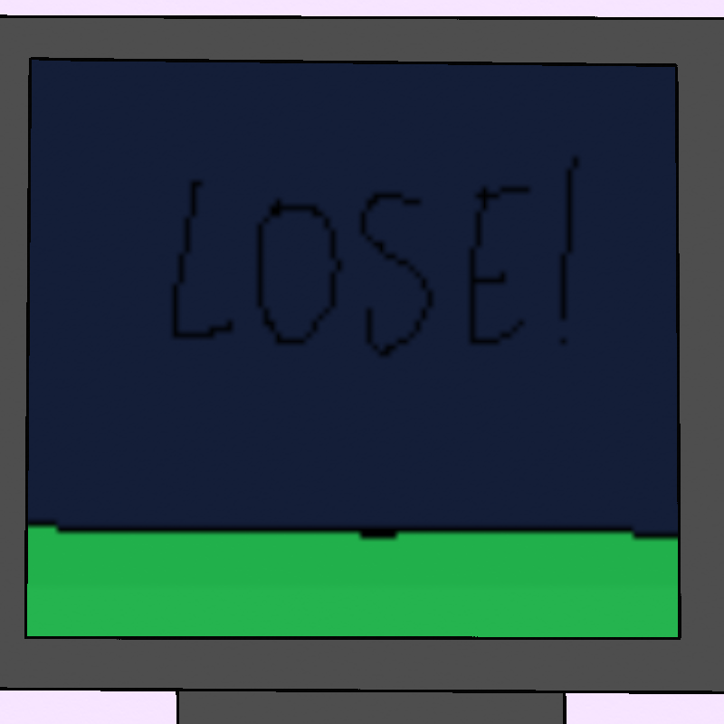 The camera zooms out slightly to show this is a computer screen. Black text reading 'LOSE!' appears on screen.