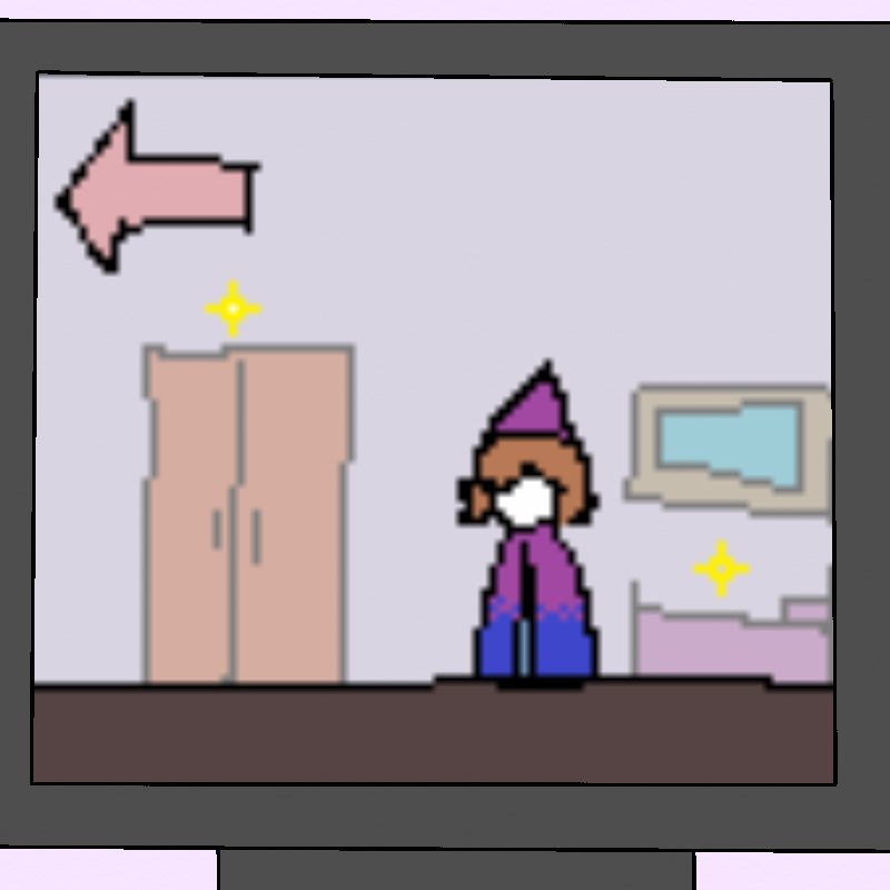 A small room appears on the screen. There's a few things to look at, such as a bed, a painting, and a wardrobe.
